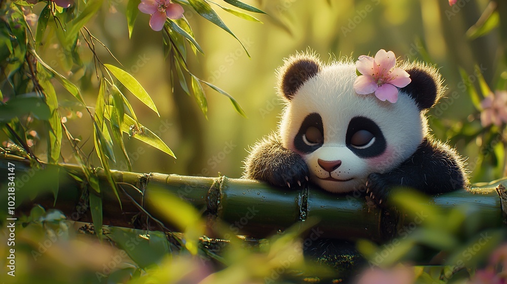   A panda bear sitting on a bamboo pole in a bamboo forest surrounded by pink flowers