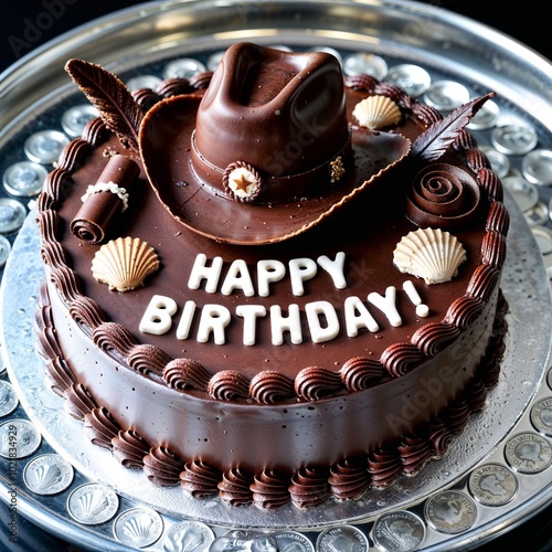 chocolate birthday cake, realistic chocolate cowboy hat with ribbon and decorative emblem, chocolate feathers, rolled up scroll, text 