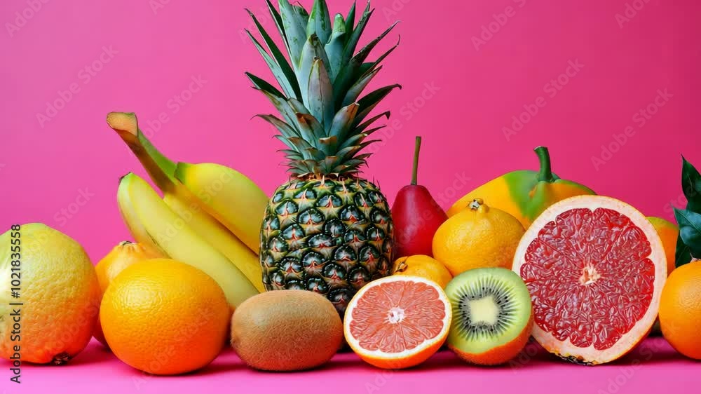 A variety of fresh fruits are arranged on a pink background, including a pineapple, bananas, oranges, kiwi, grapefruit, and pear A variety of fresh fruits are arranged on a pink background, including a pineapple, bananas, oranges, kiwi, grapefruit, and pear