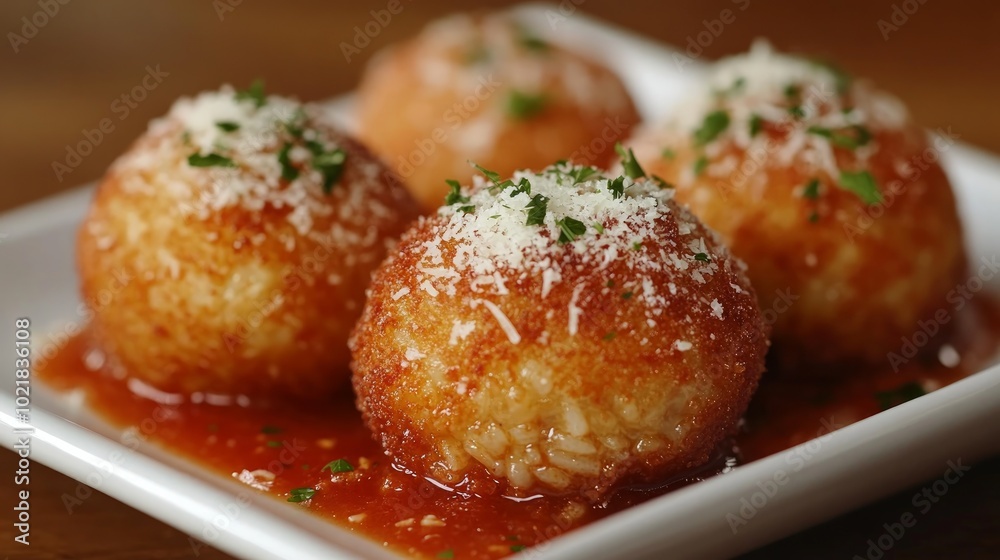 Four golden brown Arancini balls, coated in grated cheese and chopped parsley, served on a white square plate with a bed of bright red tomato sauce. Four golden brown Arancini balls, coated in grated cheese and chopped parsley, served on a white square plate with a bed of bright red tomato sauce.