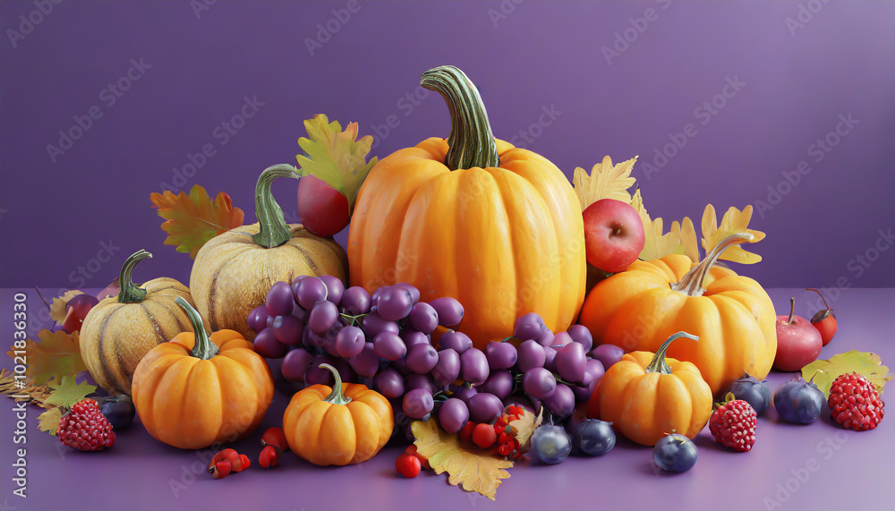 Autumn harvest display featuring pumpkins, grapes, and colorful leaves on a purple background Autumn harvest display featuring pumpkins, grapes, and colorful leaves on a purple background