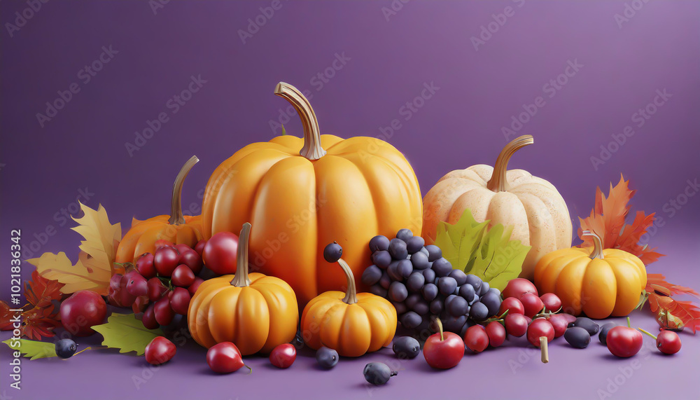 Harvest display of pumpkins, grapes, and berries arranged with autumn leaves on a purple background Harvest display of pumpkins, grapes, and berries arranged with autumn leaves on a purple background
