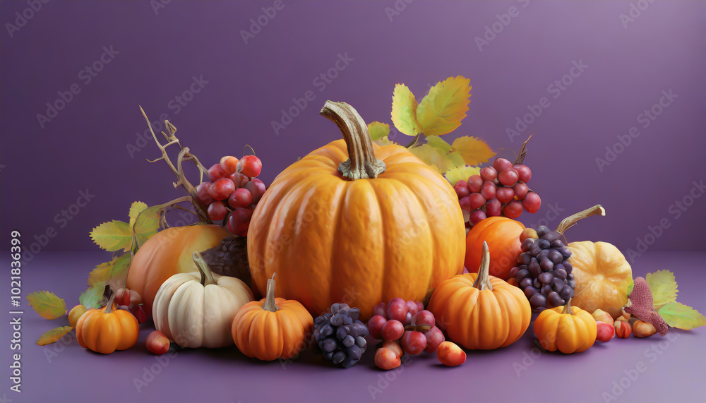 Autumn harvest arrangement featuring pumpkins and grapes on a purple background Autumn harvest arrangement featuring pumpkins and grapes on a purple background