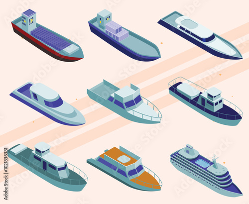 Isometric icons of various types of ships and sea vessels.