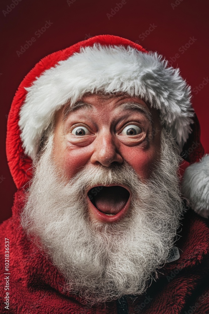 Joyful Santa Claus smiles widely while spreading holiday cheer in front of a vibrant red background during the festive season