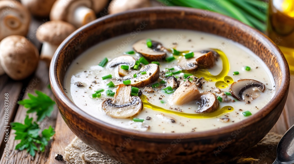 Creamy mushroom and truffle soup served in a rustic bowl, topped with a drizzle of truffle oil and fresh chives Creamy mushroom and truffle soup served in a rustic bowl, topped with a drizzle of truffle oil and fresh chives