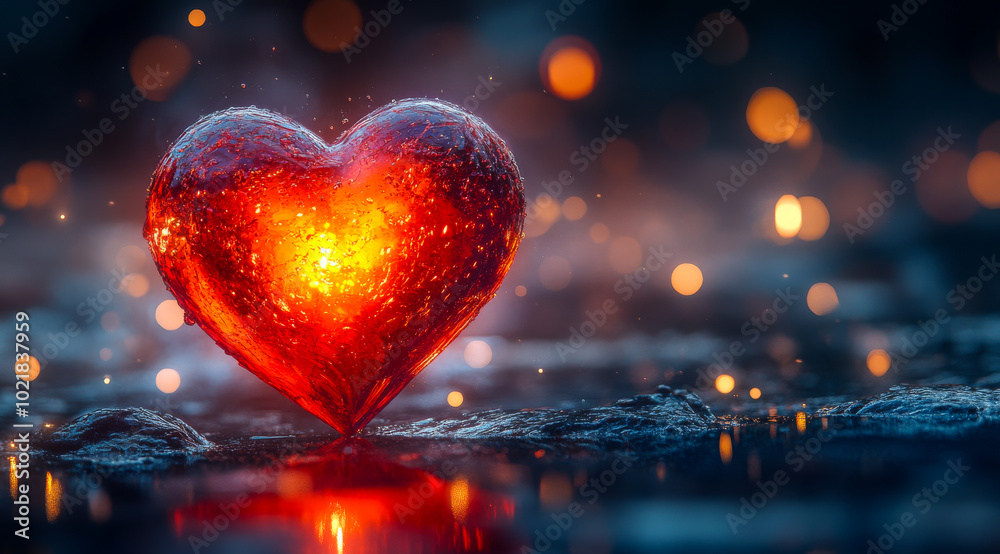 Heart shape glowing in dark water. A vibrant red heart shape glows against a dark backdrop, reflecting lights and creating a warm atmosphere in the night. Heart shape glowing in dark water. A vibrant red heart shape glows against a dark backdrop, reflecting lights and creating a warm atmosphere in the night.