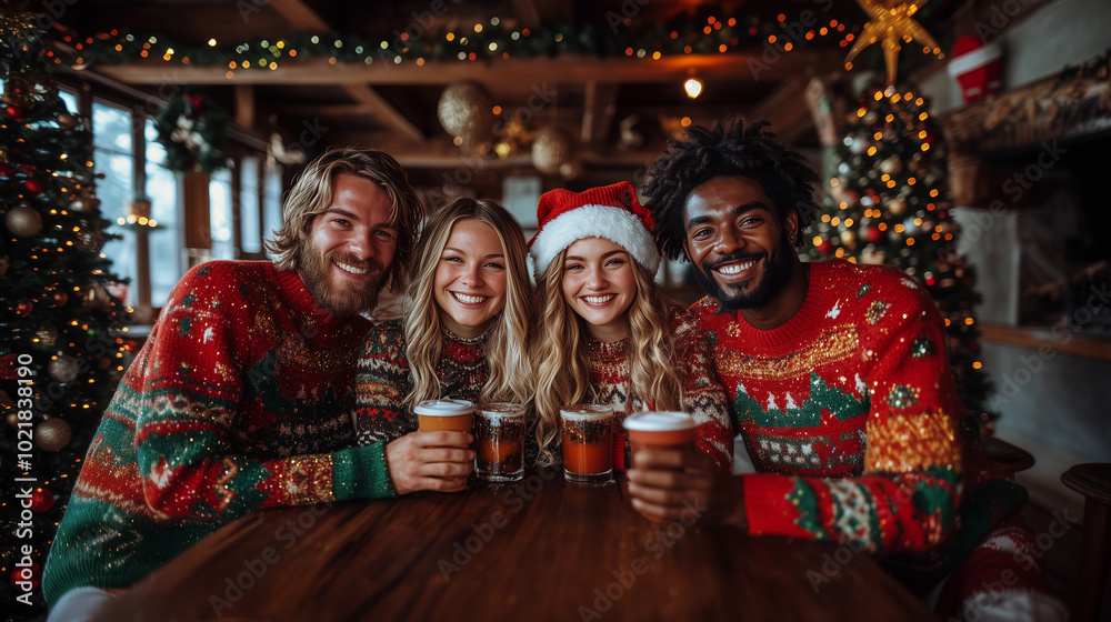 group of friends celebrating with coffee and enjoying each other's company amid christmas decorations on a festive winter night, just before new year prosperity