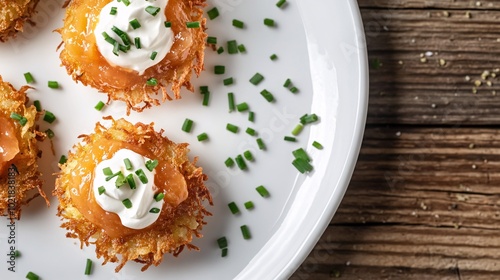 Crispy latkes topped with sour cream and applesauce, arranged on a white plate with a sprinkle of chives photo