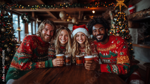 Obraz na płótnie group of friends celebrating with coffee and enjoying each other's company amid christmas decorations on a festive winter night, just before new year prosperity w salonie