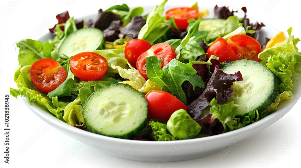   A fresh salad featuring cucumbers, tomatoes, lettuce, and perfectly sliced cucumber in a pristine white bowl
