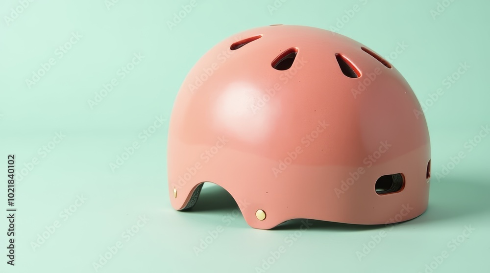 A stylish pink helmet displayed against a mint green background, showcasing its design and color in a simple yet appealing setup A stylish pink helmet displayed against a mint green background, showcasing its design and color in a simple yet appealing setup