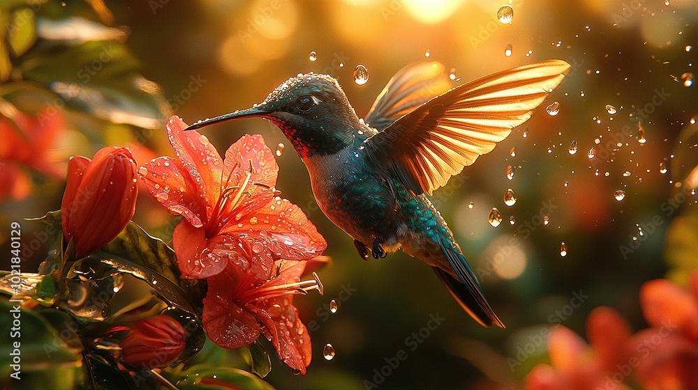 Fototapeta premium A hummingbird hovers near a flower with water droplets on its wings, hovering above the flowers