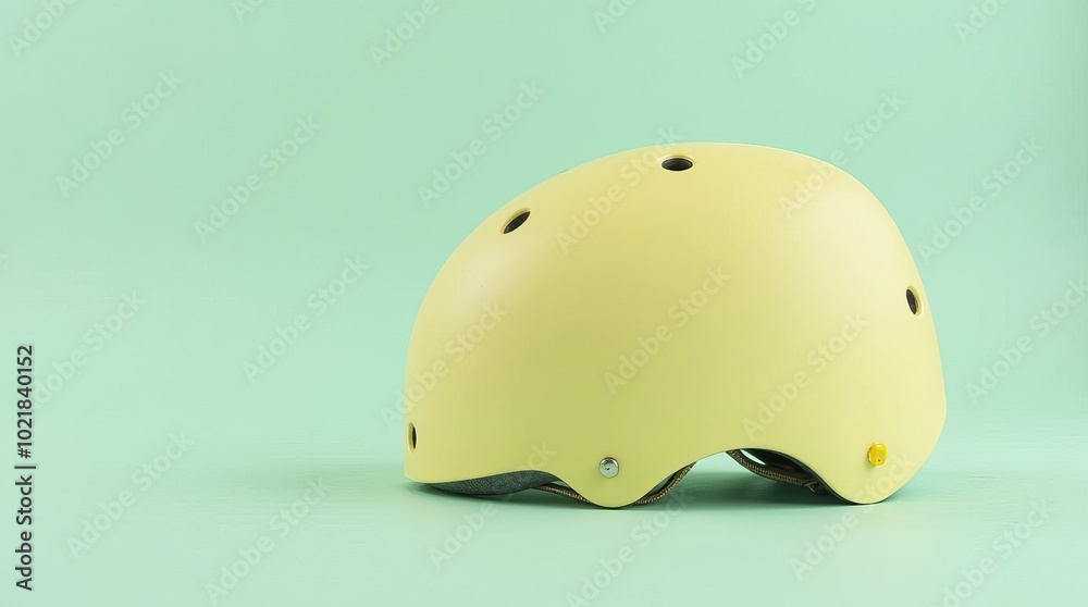 Fototapeta premium A stylish light yellow helmet displayed against a mint green background, showcasing its design and color in a simple yet appealing setup