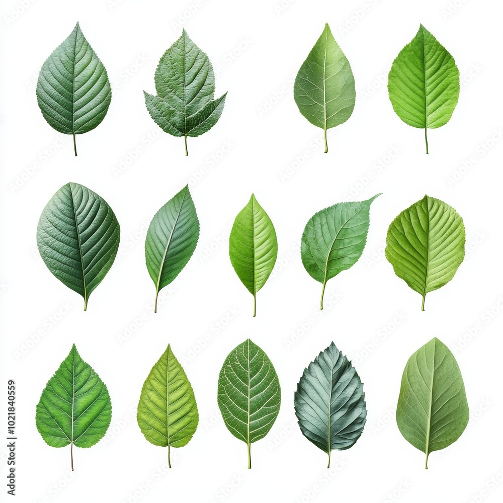 A grid displays an assortment of green leaves, highlighting their unique shapes and textures against a clean white background A grid displays an assortment of green leaves, highlighting their unique shapes and textures against a clean white background