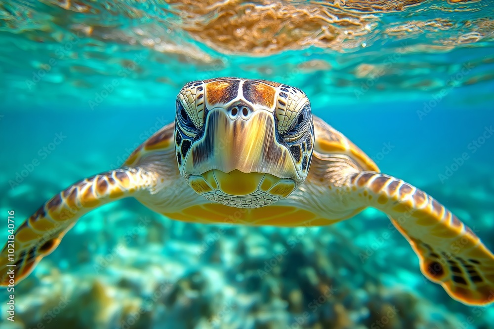 Obraz premium A turtle glides gracefully underwater in clear tropical waters its vibrant shell catching the light