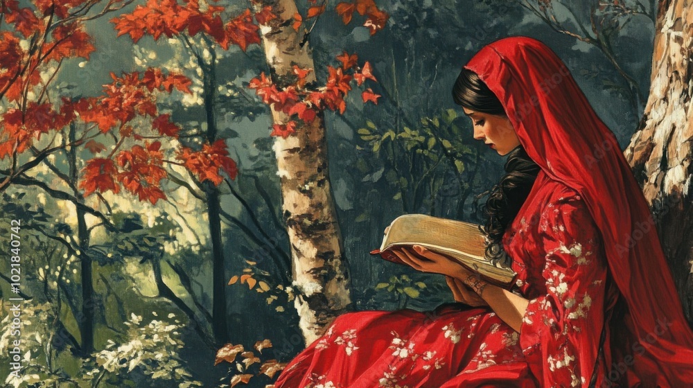 Fototapeta premium A Serene Reading Moment in Nature: A Woman in a Red Dress Surrounded by Autumn Leaves