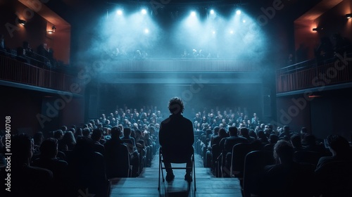 A single person sits in a darkened theater, facing a stage bathed in blue light. The audience is in the shadows, their faces obscured.