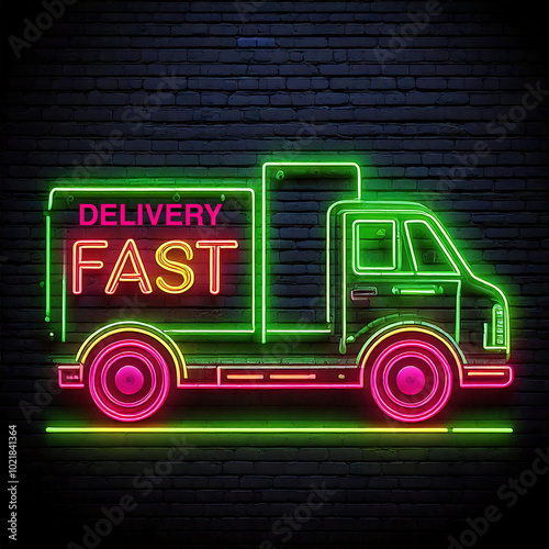 bright neon illustration in pop art style - neon outline of a delivery truck in bright green with the word 