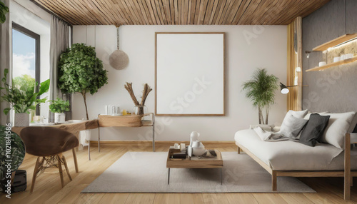 Modern living room with minimalist design elements and natural light in a spacious urban apartment