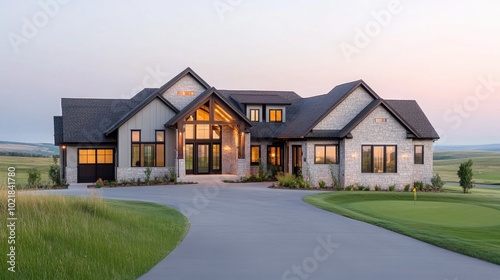 Experience a stunning mountain home in Montana, featuring expansive windows, elegant design, and breathtaking views of the golf course at sunset.