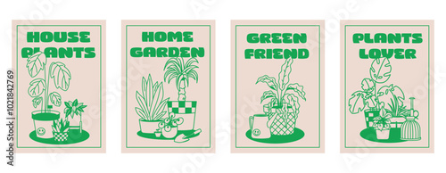 A set of poster with house plants. Outline houseplant silhouette in retro style. Banner template.