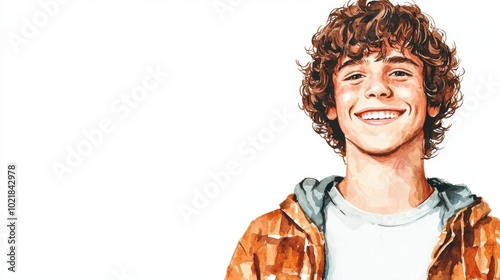 Teen White Man with Brown Curly Hair watercolor illustration.