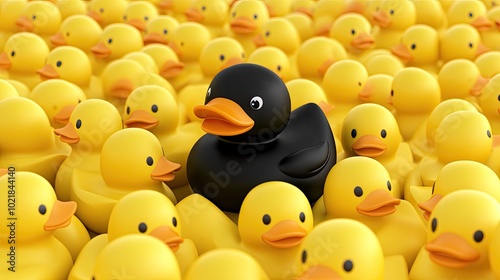 A striking black rubber duck prominently stands out from numerous yellow ducks, symbolizing individuality and distinction in a uniform environment