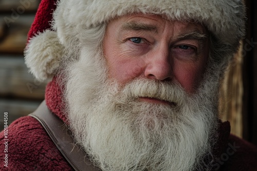 A traditional Santa Claus with a snowy beard and red hat sharing joy during a winter celebration at a cozy log cabin