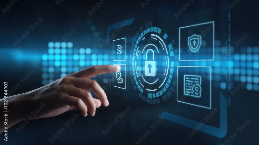 A hand interacting with a digital security interface, showcasing lock icons and data protection symbols in a futuristic setting. A hand interacting with a digital security interface, showcasing lock icons and data protection symbols in a futuristic setting.