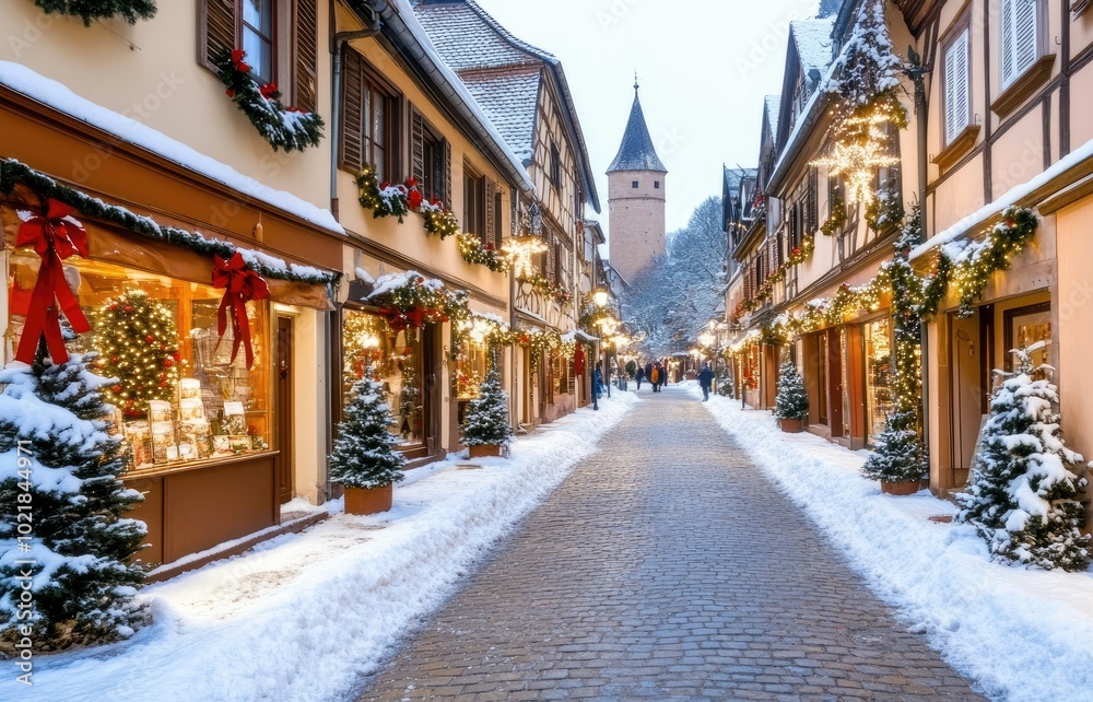 Obraz premium Experience the magic of Colmar as snow blankets the cobblestone streets, adorned with festive decorations and holiday cheer, inviting strollers to enjoy the season.