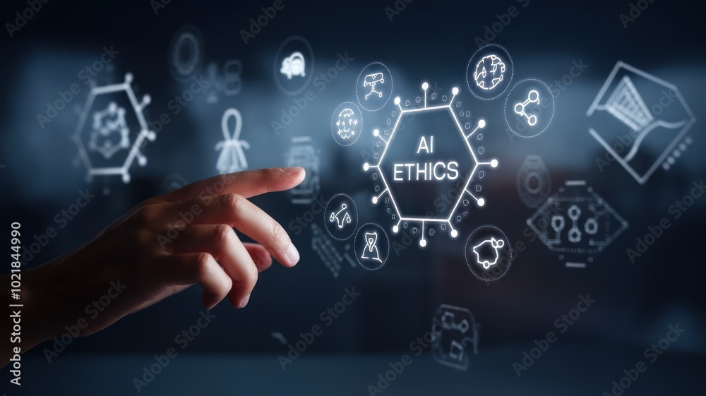 A hand interacting with digital graphics representing AI ethics, showcasing various related icons in a modern, tech-focused environment. A hand interacting with digital graphics representing AI ethics, showcasing various related icons in a modern, tech-focused environment.