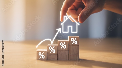 A hand placing a house icon on top of wooden blocks with rising percentage, symbolizing growth in the real estate market.