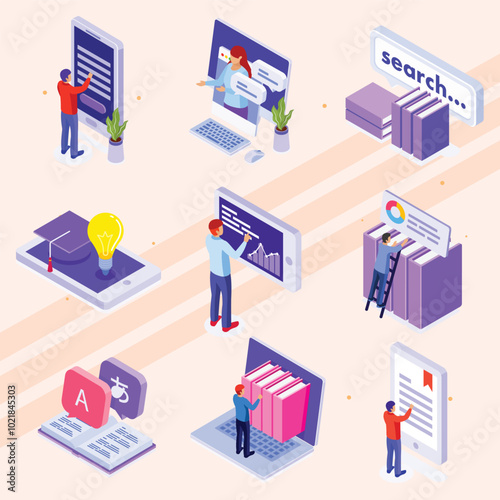 Isometric icons of online homeschooling activities and tools.