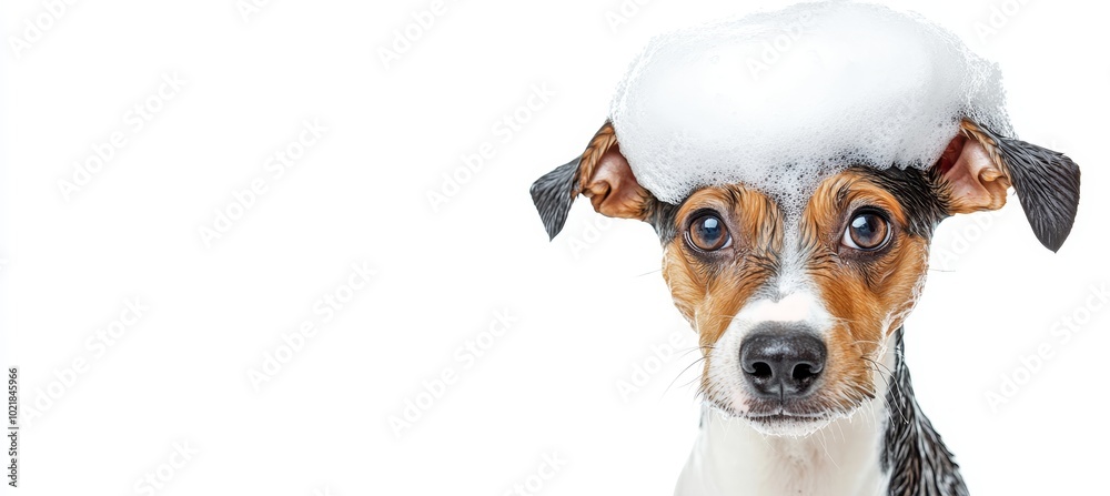 Funny Portrait of a Dog Taking a Bath with its Head Covered in Soapy Bubbles, Isolated on White Funny Portrait of a Dog Taking a Bath with its Head Covered in Soapy Bubbles, Isolated on White