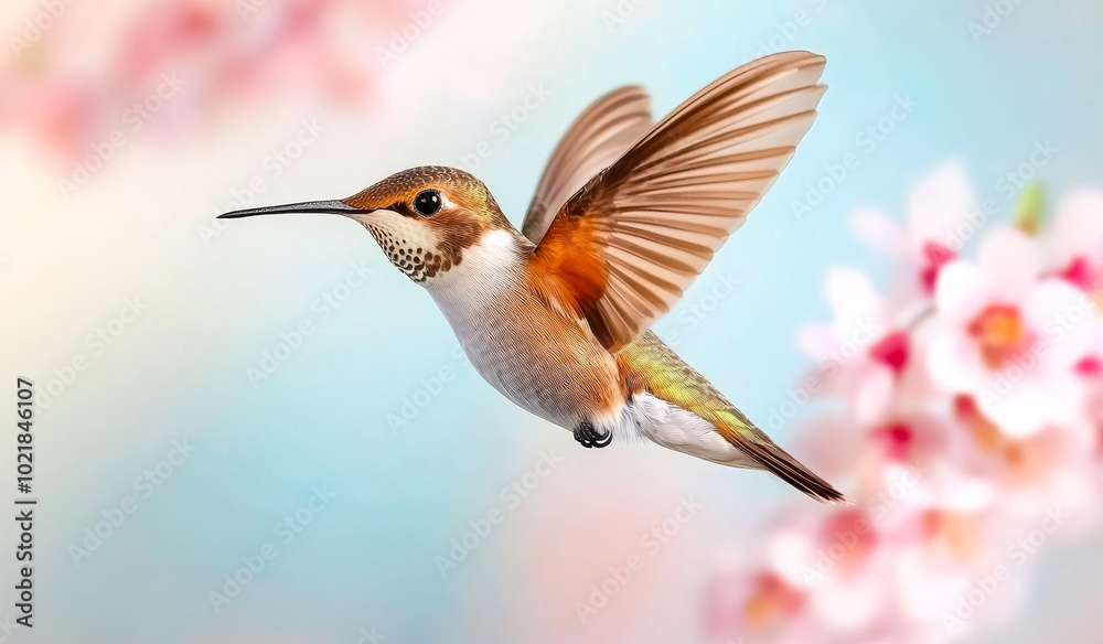 Fototapeta premium Hummingbird by pink spring flowers. A vibrant hummingbird flits gracefully around beautiful pink blossoms, capturing the essence of spring's natural beauty.