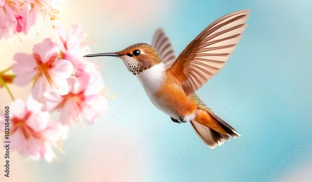 Fototapeta premium Hummingbird by pink spring flowers. A vibrant hummingbird flits gracefully around blooming pink flowers, showcasing its agility against a soft, colorful backdrop.