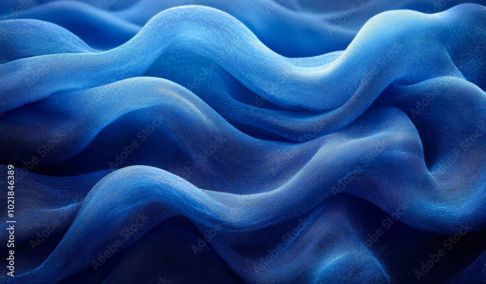 Obraz premium Gentle light on soft blue waves. The fabric undulates in smooth waves, showcasing a deep blue color, illuminated by soft light creating a tranquil atmosphere.