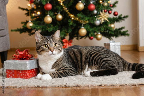 Cat Lying Near Gift Boxes Under The Christmas Tree