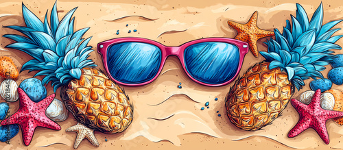 Pineapples and shades, summer vibes.. Two vibrant pineapples and sunglasses sit on a sandy beach surrounded by colorful seashells and starfish, evoking a summer feel. photo