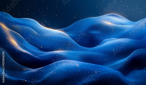 Dusky blue waves with sparkling highlights. Vibrant blue waves rise and fall softly, adorned with glistening specks that resemble stars under a twilight sky.