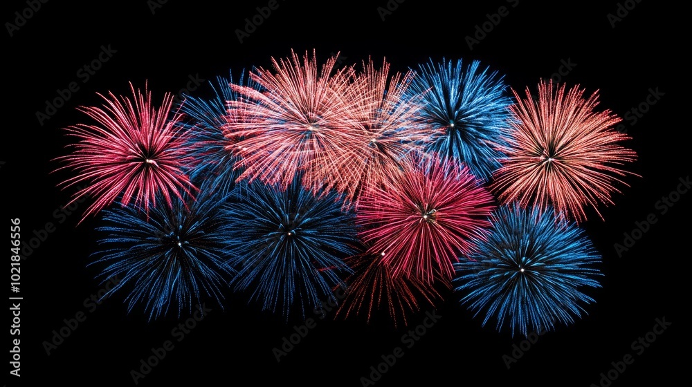 Red, white, and blue fireworks explode against a black background. Red, white, and blue fireworks explode against a black background.