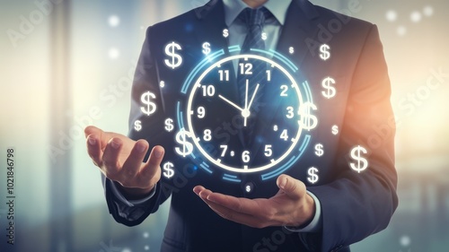 A businessman holds a glowing clock surrounded by dollar signs, symbolizing the relationship between time and money in a modern financial environment.