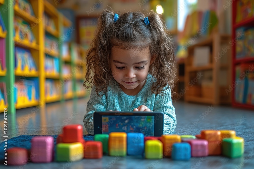 custom made wallpaper toronto digitalA young girl lies on the floor with her tablet in front of her, surrounded by colorful wooden blocks.