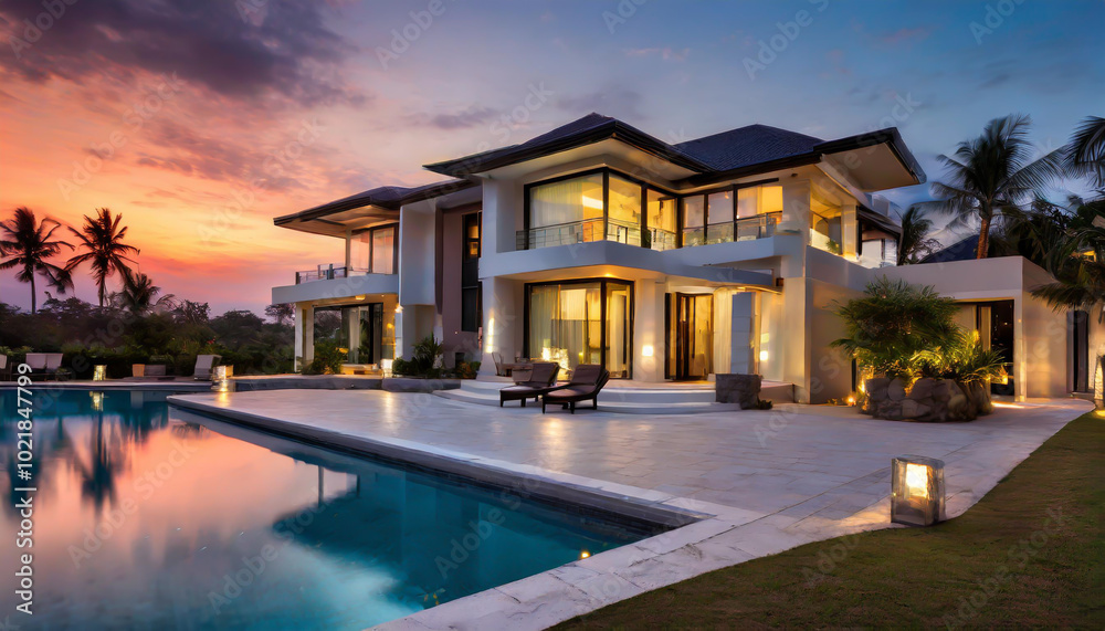 Luxurious modern villa with pool during sunset in a tropical paradise surrounded by palm trees Luxurious modern villa with pool during sunset in a tropical paradise surrounded by palm trees