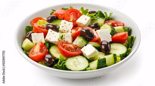 Traditional Greek salad with feta cheese, Kalamata olives, cucumber, and tomatoes