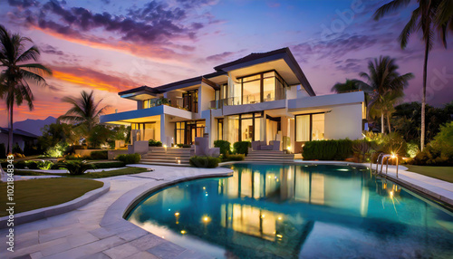 Luxurious modern villa with a swimming pool illuminated at sunset in a tropical paradise