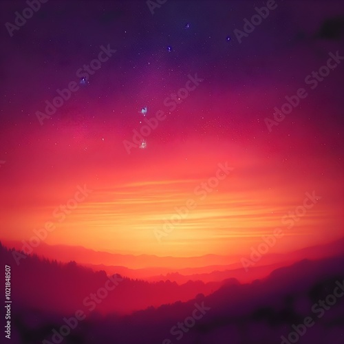  Vibrant Sunset Over Mountain Landscape with Starry Sky