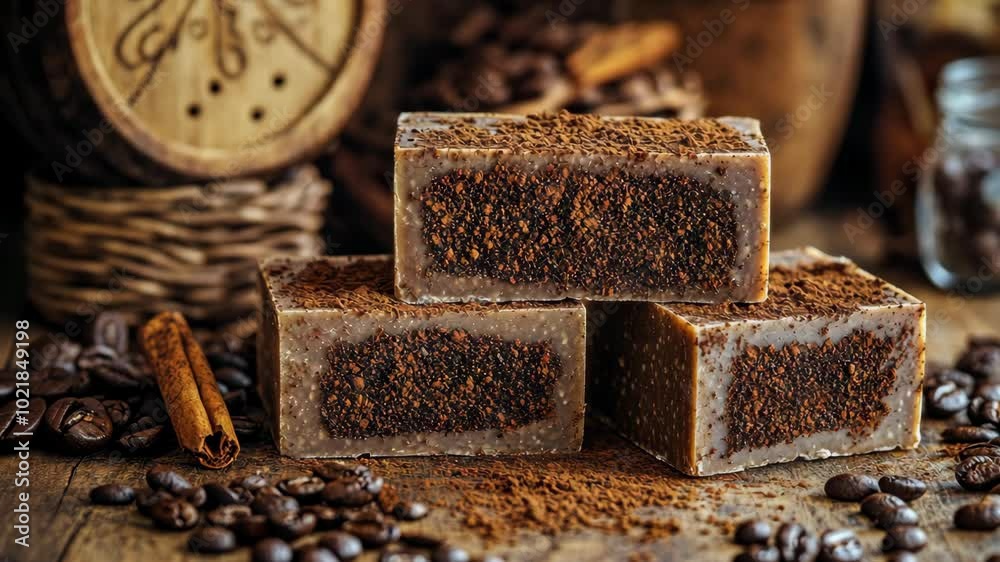 Three bars of coffee soap sit on a wooden table, surrounded by coffee beans and a cinnamon stick