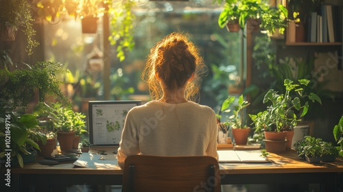 Woman working from home in a sunlit room surrounded by plants.